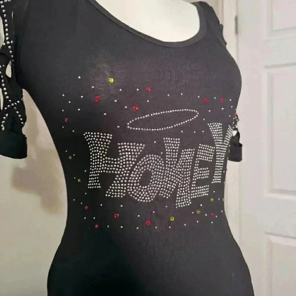 Y2K Black Honey Rhinestone Embellished Sheath Dress S/M Scoop Neck - Picture 5 of 7